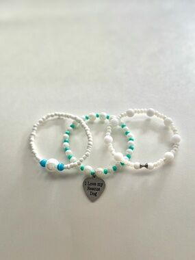 White and Teal Beaded Bracelet Set with Heart Rescue Dog Charm